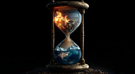 A creative representation of an hourglass symbolizing climate change, featuring burning landscapes above and serene oceans below, evoking urgency.