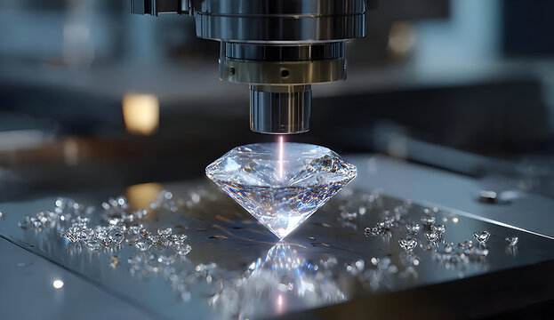 A close-up image of a diamond being laser-etched in a modern industrial setting, showcasing high-tech machinery and precise craftsmanship.