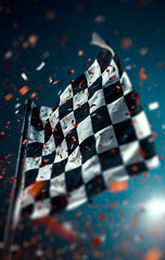 A dynamic image of a checkered racing flag waving against a vibrant blue sky, surrounded by confetti, symbolizing victory and adrenaline in motorsport.