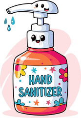 Cartoon Hand Sanitizer Bottle with Smiling Dispenser and Floral Accents