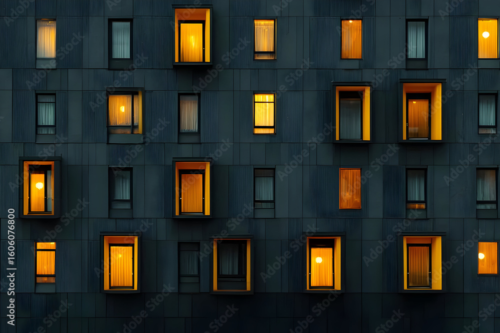 Poster a captivating view of modern architecture showcasing a dark facade with illuminated windows. the pla
