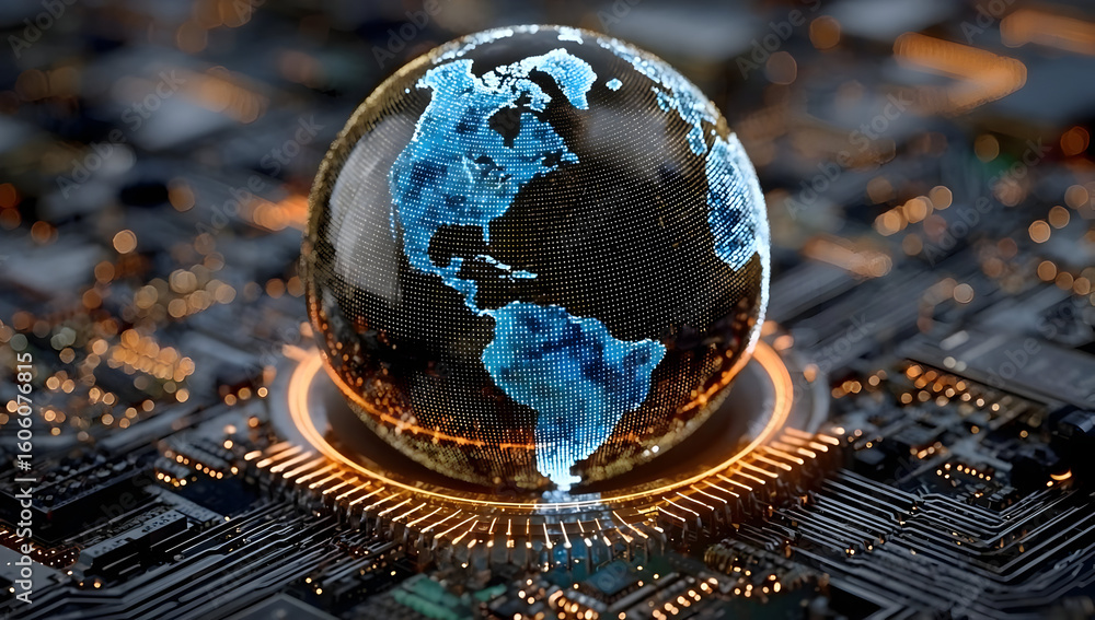 Aufkleber a futuristic globe representing the planet earth sits atop a circuit board, symbolizing the intersec