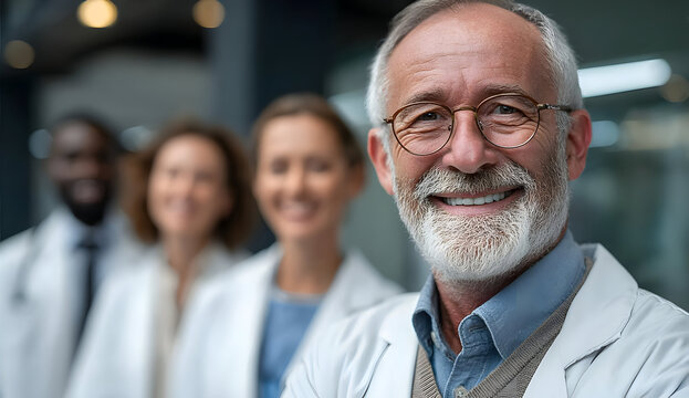 A diverse group of healthcare professionals smiling together, showcasing teamwork and dedication in a modern medical environment, conveying professionalism.