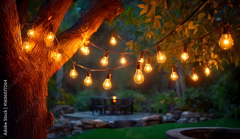 Poster a beautifully lit outdoor setting with warm string lights hanging from a tree, creating a cozy and i