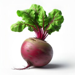 Vibrant beet with fresh green leaves, its rich colors stand out on a clean, white backdrop.