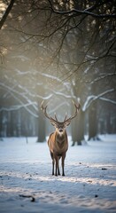 Majestic stag in a snowy forest.