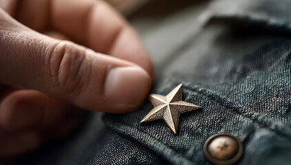 A close-up image of a hand adjusting a golden star pin on a denim shirt, symbolizing pride and achievement in personal expression or service.