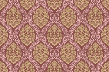 Traditional Thai art seamless floral arabesque pattern in damask style motif suitable for wallpaper, cloth, curtain, textile, tile and fabric design isolated illustration vector archive EPS file.