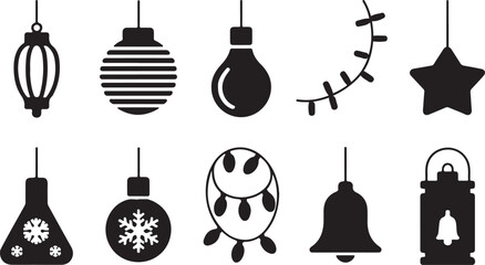 A festive collection of Christmas ornaments and holiday lights, including hanging lanterns, baubles, bells, star decorations, and snowflake motifs. 