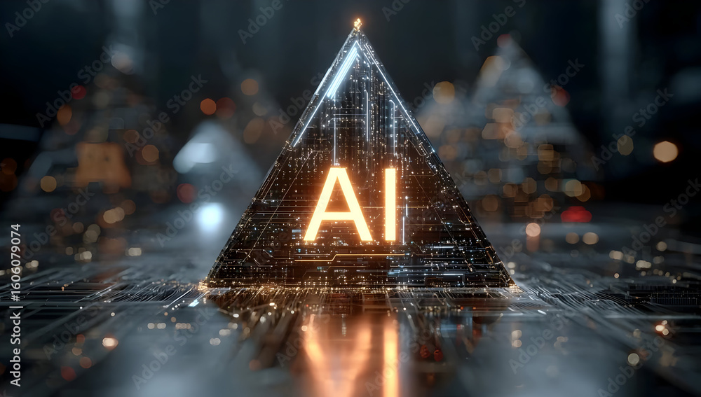 Poster a futuristic representation of artificial intelligence, featuring a glowing pyramid with 'ai' promin