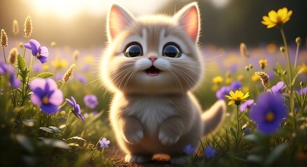 Cute kitten surrounded by wildflowers.