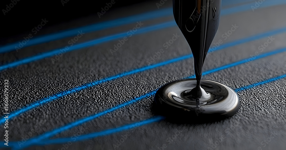 Poster a close-up view of black paint dripping on a textured surface, creating a striking contrast with blu