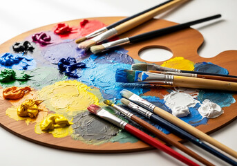 Obraz premium An artist's workspace featuring a classic wooden palette with vibrant dabs of paint and brushes, symbolizing inspiration and artistic expression.