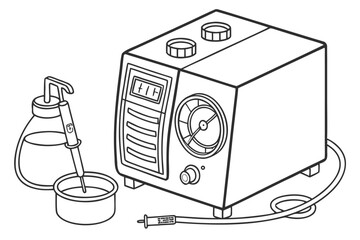 Detailed Line Art of Scientific Apparatus Including a Bottle, Tub, and Boxy Machine