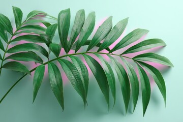 Vibrant tropical leaves on mint green background