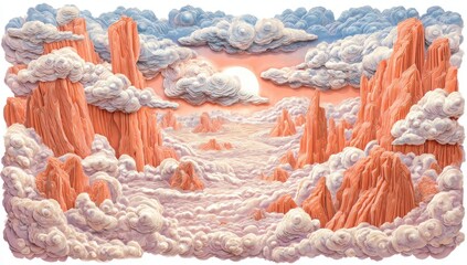 Sunrise over sculpted, rosy mountains