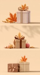 Three gift boxes, autumnal colors, and leaves