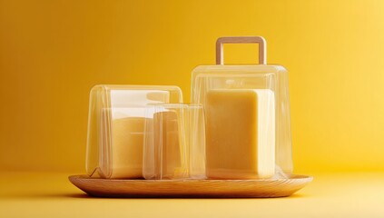 Transparent cheese blocks in protective packaging on a wooden tray against a vibrant yellow background