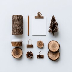 Wooden & paper, flat lay design