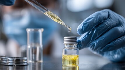 A scientist wearing gloves is using a pipette to transfer liquid into a small bottle in a laboratory for scientific research and analysis.
