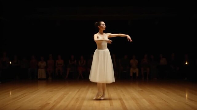 Ballerina in white dress performing on a wooden stage with audience in the background in the dark