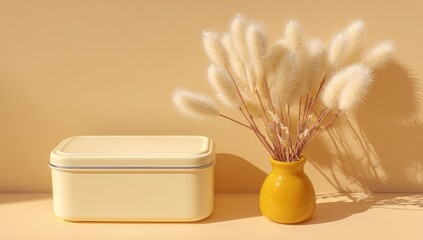 Cream-toned box & yellow vase with fluffy pampas grass