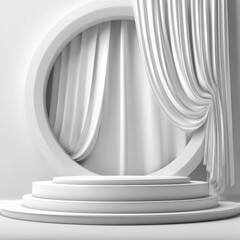 White pedestal stage with draped curtains