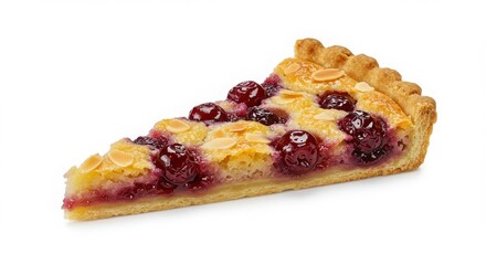 slice of almond tart with berry compote isolated on white background for culinary and dessert presentations