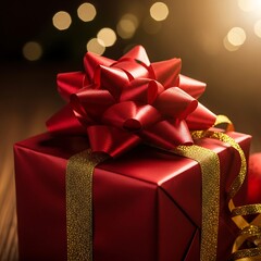 Close-up of a red gift box with a gold ribbon and bow.