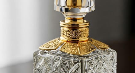Close-up of an ornate crystal perfume bottle with gold accents, showcasing intricate details and luxurious design.