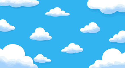 Cartoon illustration of fluffy white clouds floating in a clear blue sky backdrop