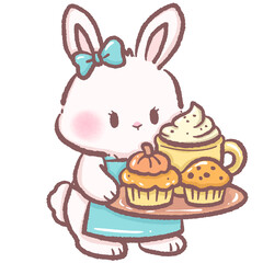 Cute bunny serving a tray with latte and muffins cozy cafe scene perfect for breakfast themes children books brunch illustrations dessert designs warm drink art and bakery food concepts