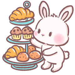 Cute bunny arranging three tier stand with bakery treats croissants and muffins cozy patisserie scene perfect for cafe themes children books brunch decor dessert illustrations and food designs