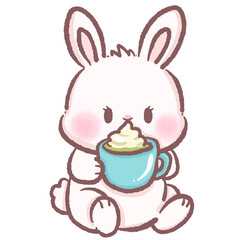 Cute bunny sniffing a fresh matcha latte adorable kawaii rabbit enjoying green tea beverage illustration perfect for cafe designs children&rsquo;s books and cozy lifestyle themes
