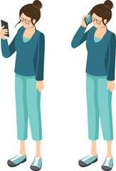 スマホを使う女性のセット_アイソメトリックイラスト