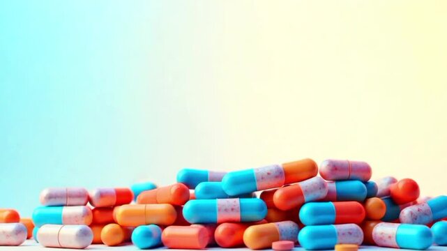 mesmerizing illustration of various tablets and capsules in different shapes and sizes tumbling downwards in a fluid motion, with the topmost ones suspended mid-air