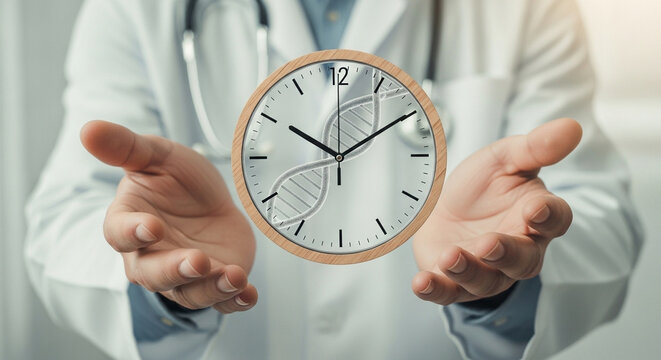 Doctor holding clock with dna strand on the face wearing a white coat and stethoscope around neck