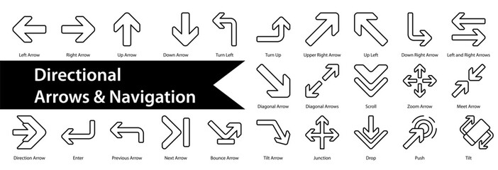 Directional Arrows & Navigation Icon Collection Set. Containing:  left arrow,log out,reload,download,import,log in,scroll,repeat,right arrow,down arrow,turn left,maximize,play,up arrow,export © RanuKumbolo.lab