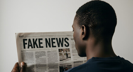 African American Man Reads Fake News Newspaper With Critical Focus And Neutral Background