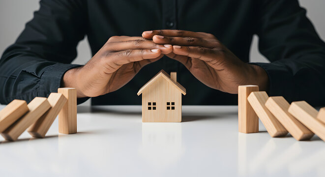 African American Man Protects Wooden House from Domino Effect on White Surface - Powered by Adobe