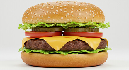 Mouthwatering Cheeseburger: A Delicious 3D Render of a Classic American Hamburger with Sesame Seed Bun, Juicy Patty, Melted Cheese, Crisp Lettuce, Sliced Tomatoes, and Pickles. Perfect for Food Blo...