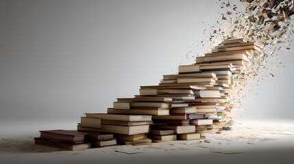 Pile of books turning into staircase that fades into light