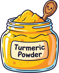 Cartoon Turmeric Powder Jar with Smiling Wooden Spoon, Vibrant Yellow Spice