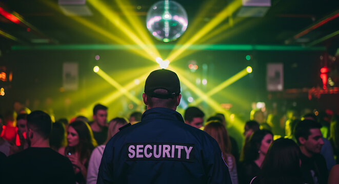 Back View of a Security Guard Overseeing a Crowded Party Under Disco Ball and Green and Yellow Lighting