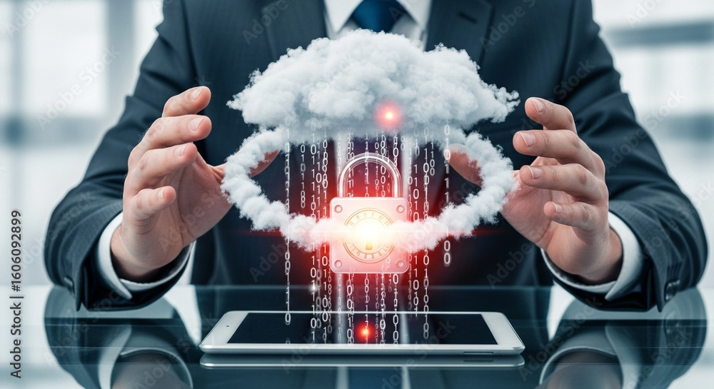 Poster businessman holding cloud with padlock and binary code over tablet on reflective surface