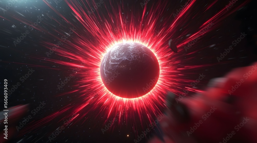 Poster the image shows an earth-like planet surrounded by a bright red glow and streaks of light, set again