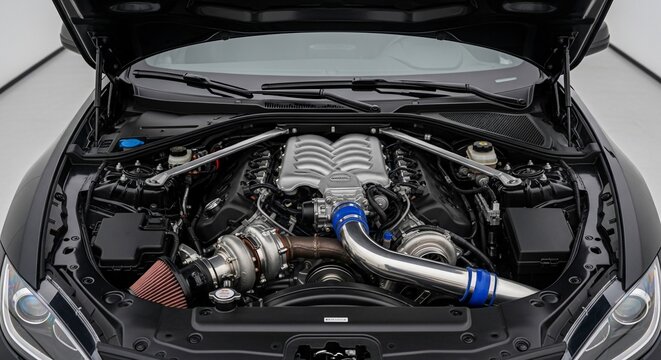 Close-up view of a powerful, modified car engine with an open hood, showcasing its intricate components and performance upgrades.