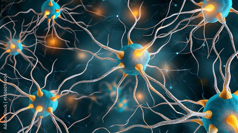 Poster the image shows a scientific, abstract view of nerve cells with a blue and brown color scheme and br