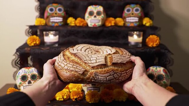 Hands hold a concha bread before a Day of the Dead altar with colorful skulls, marigolds, and candles