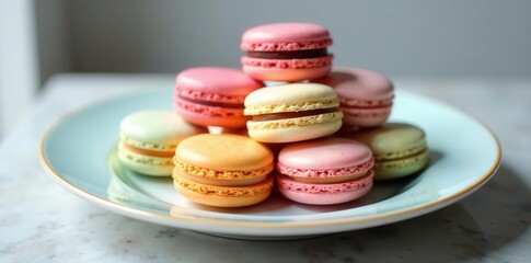 Fototapeta premium A delightful pyramid of pastel-colored French macarons, meticulously arranged on a delicate light-blue plate, presents a tempting array of sweet treats.